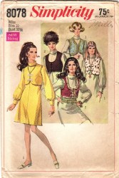 8078 SIMPLICITY 1968 LONG SLEEVE HIGH NECK DRESS, BOLEROS PATTERN 12 34"B